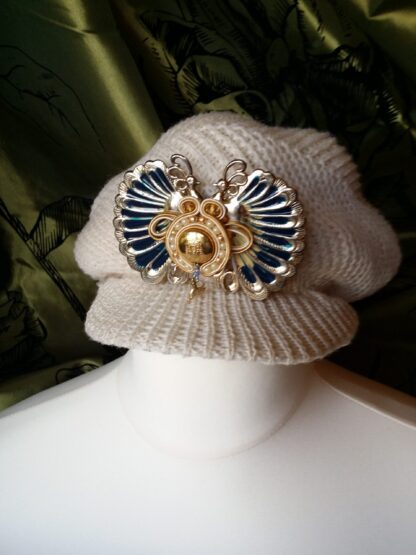 Vintage neutral beanie hat soutache peacock